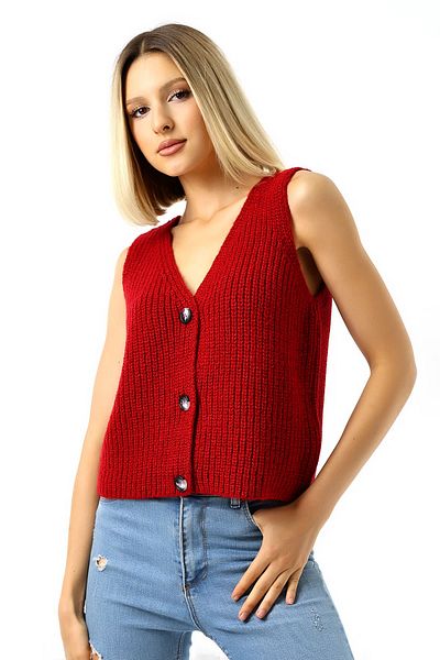 Devinka Red Women's Knitwear Vest - 3 Buttons