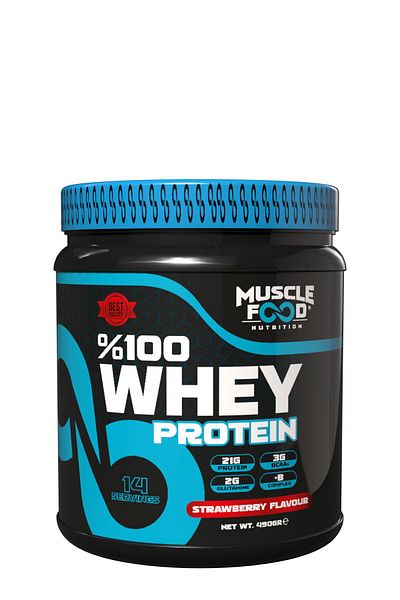 MUSCLEFOOD Strawberry Flavored Concentrate Whey Protein Powder - 490Gr 14 Servings