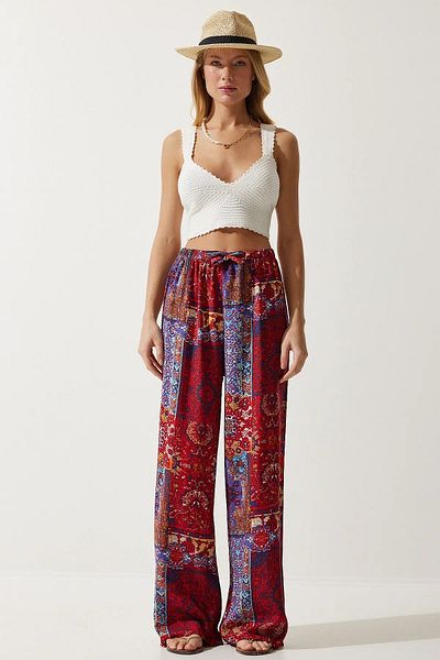 Namaste Vintage Colorful Patterned Loose-Fitting Elastic Waist Viscose Trousers