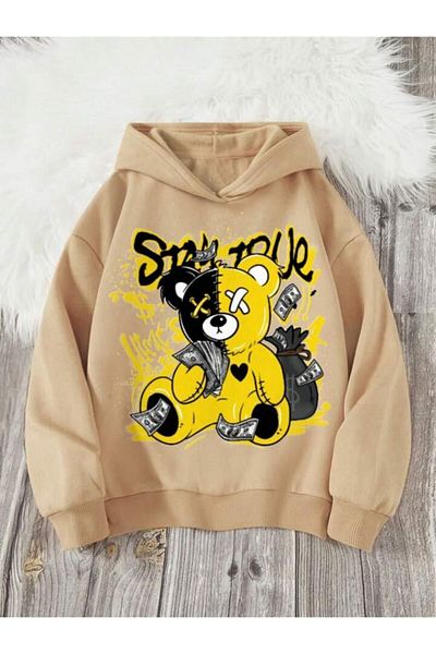 GLOWES Κίτρινο αρκουδάκι με στάμπα - Παιδικό Unisex Oversize Βαμβακερό φούτερ με κουκούλα