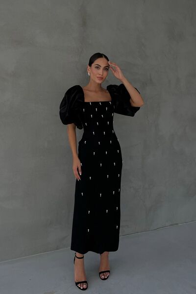 Seda Yalçın Atelier Pearl Detailed Black Princess Sleeve Zipper Dress