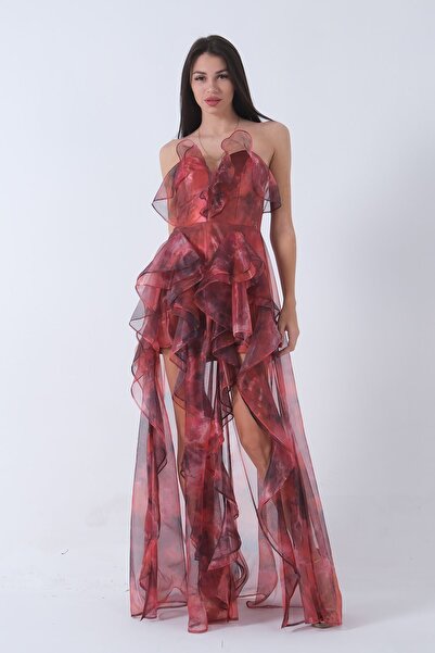 Feminist Fırfırlı Tül Şifon Abiye Elbise Oranj 0802000