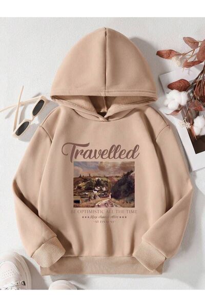 GLOWES Унісекс дитячий світшот - 3 нитки бавовни, принт Travelled, оверсайз з капюшоном