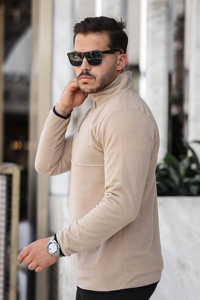 twingold Beige Men's Fleece - Pocketed, Half Zippered, Bato Collar Outdoor