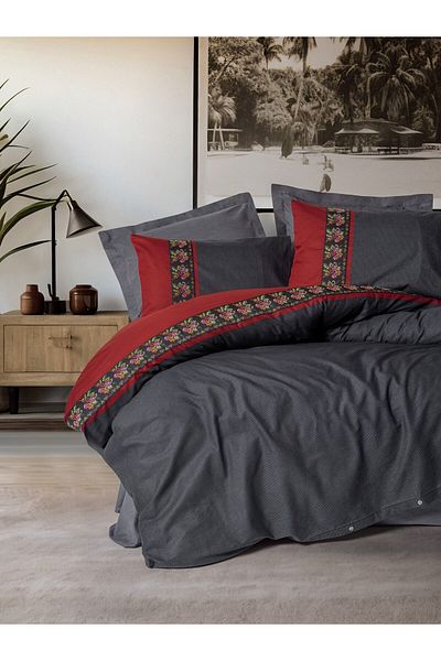 Cotton Box Anthracite Lienzo Double Folk Art Duvet Cover Set