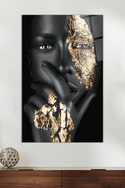 Vosevu Gold Detaylı Afrikalı Kadın Portre Cam Tablo, Modern Ev ve Ofis Dekoru, Hediyelik Duvar Dekorasyonu