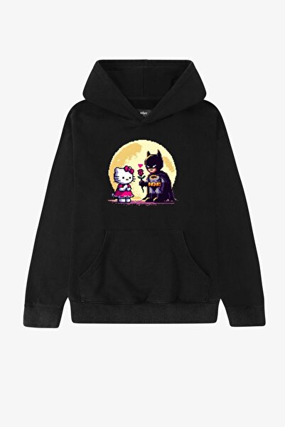 Violon Μαύρο φούτερ με κουκούλα, με στάμπα Batman και Hello Kitty, Unisex Ove...