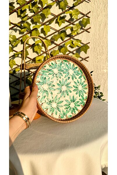 Decamor home Mother-Of-Pearl Rattan Green Round Tray Large Size 28 cm Diameter