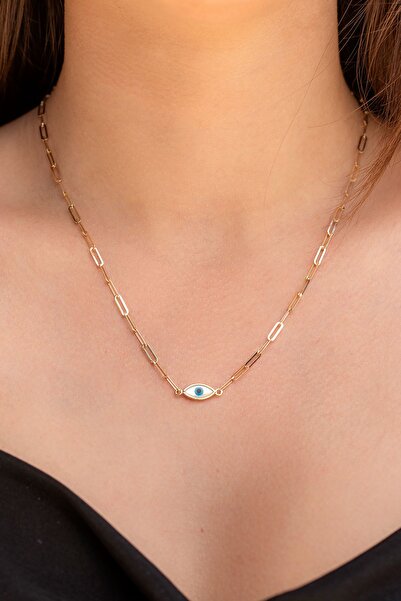 Cenova Jewelry 14 Ayar Altın Nazar Göz Detaylı Kadın Ataç Kolye