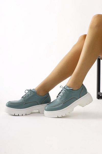 Limoya Callie Turquoise Wrinkled Patent Leather Lace-Up Moccasin, Women's Loafer Shoes