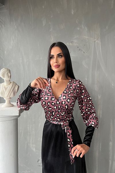 kamacibutik Decolteu dublu cu imprimeu - Rochie din catifea cu cravata in talie