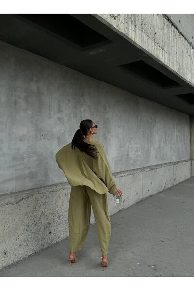 Butik Uzun Kollu Yağ Yeşili Gömlek Pantolon Takım