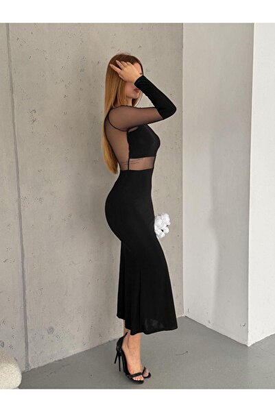SUSEEMODA Tül Detay Kalem Elbise Siyah
