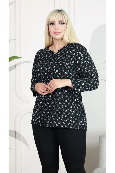 HÜLYA BUTİK Plus Size Black Green Puppy Pattern Prevailing Collar Blouse