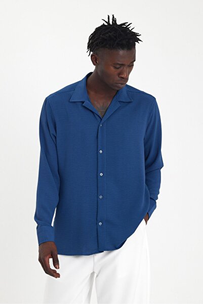 byata.style Καλοκαιρινό ανδρικό πουκάμισο Indigo Blue με υφή Casual Oversize ...