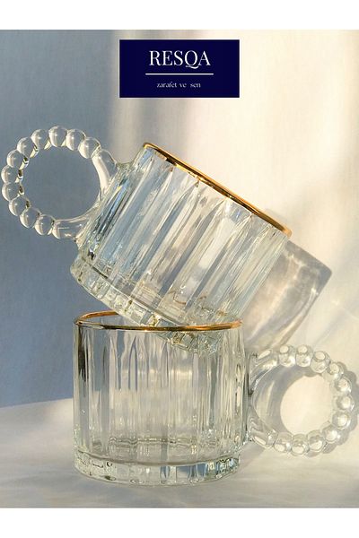 Resqa 6 Pieces Glass Beads with Handle Real Gold Gilded Tumbler Tea Coffee Soft Drink Cup 250 ml