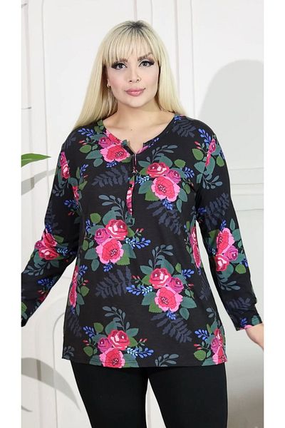 HÜLYA BUTİK Plus Size Black Pink Floral Dominant Collar Blouse