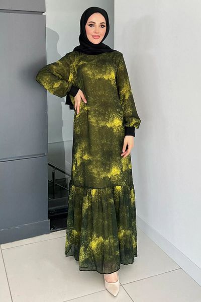 julude Χακί σιφόν φόρεμα - Crew Neck, μοτίβο και βολάν Hijab