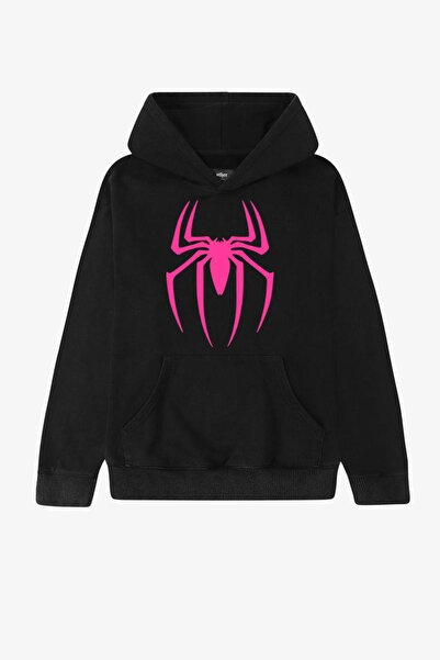 Violon Crna majica sa kapuljačom i ružičastim paukovim printom, unisex, overs...