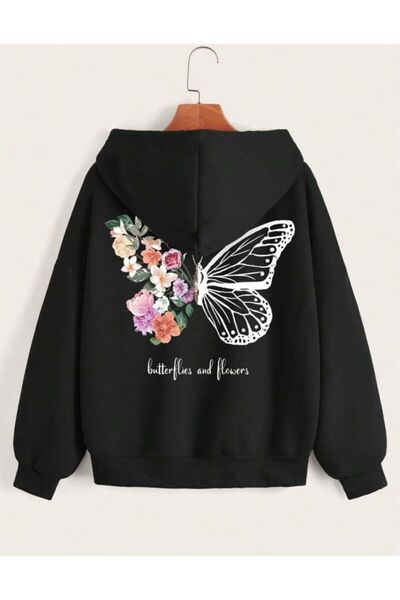 SeusCraft Butterflies Flowers Pamuklu Çocuk Fermuarlı Hırka - Siyah Baskılı K...
