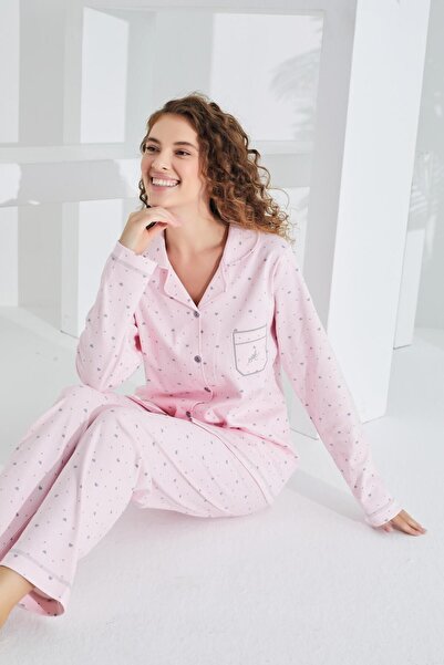 Etoile Set de pijamale pentru femei, cu mânecă lungă, cu nasturi în față, 100...