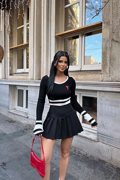 Eyyo Fustă mini plisată neagră ATE-0886