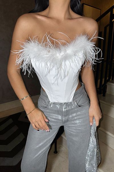 Eyyo White Feather Detail Strapless Crop Top ATE-0854