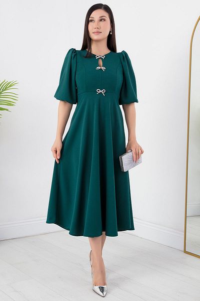 PULLIMM Rochie creponată cu mâneci cu balon cu pietre la piept - GRS3578