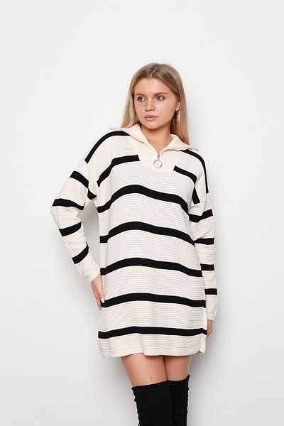 İKLİM LİFE Ecru-Black Striped Corded Trucker Collar Tunic