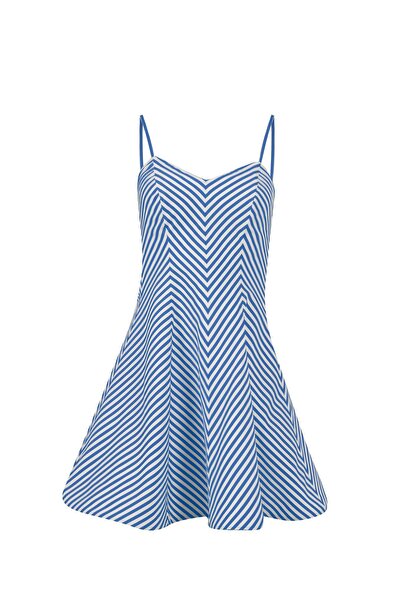 Rheme And Fons Özel Tasarım Couture El Işçiliği Çizgi Detaylı Mavi Mini Elbise
