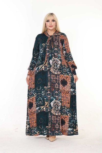 mami butik Plus Size Tie Collar Viscose Combed Cotton Dress - Loose Fit