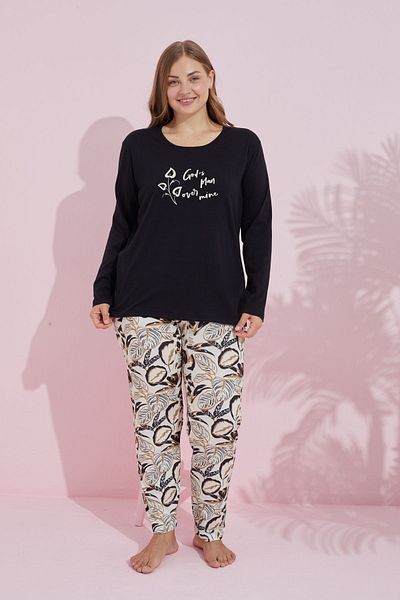 Siyah İnci Plus Size Black Curve Cotton Pajama Set - 24240744