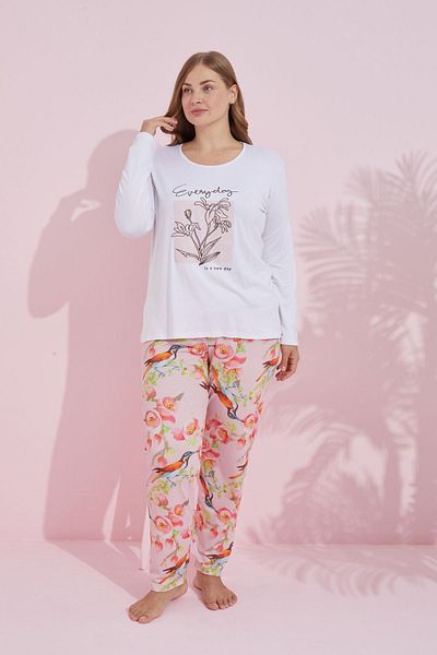 Siyah İnci White Multicolor Cotton Curve Large Size Oversize Knitted Pajamas Set 24240738