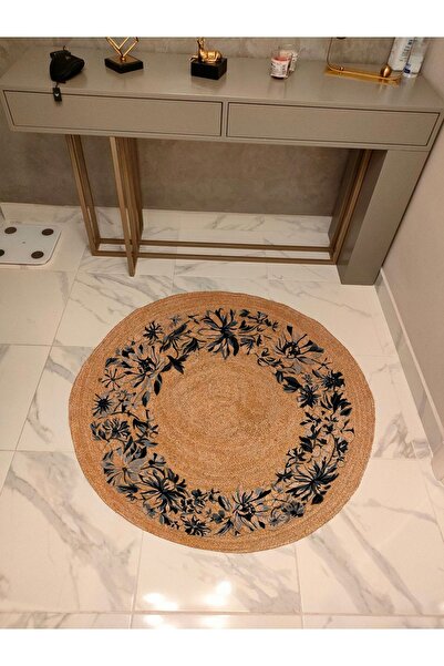 kilim home Boho 930 Floral Patterned Round Natural Color Double Sided Carpet ...