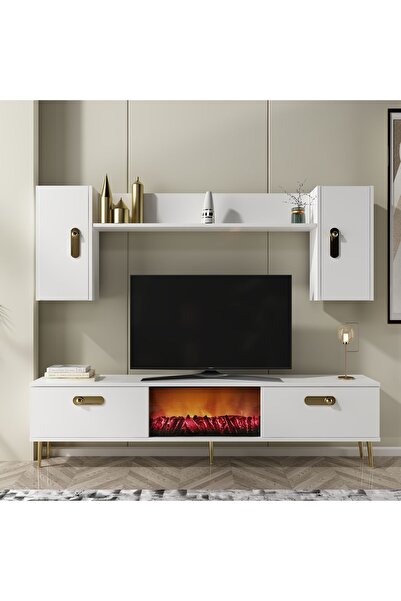 DEMONTE DECOR RİVVA ŞÖMİNELİ TV ÜNİTESİ TAKIMI BEYAZ-ALTIN
