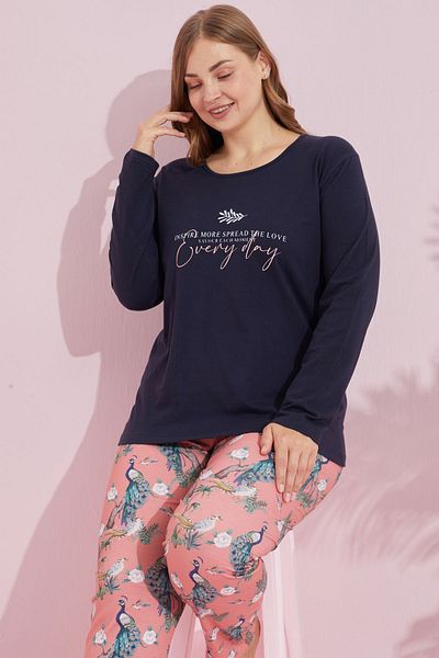 Siyah İnci Navy Blue Multicolored Cotton Curve Large Size Oversize Knitted Pajama Set 24240746