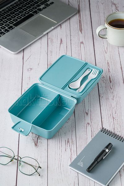 KaktüsKedi Turquoise 3 Compartment Lunch Box with Lock and Fork and Spoon