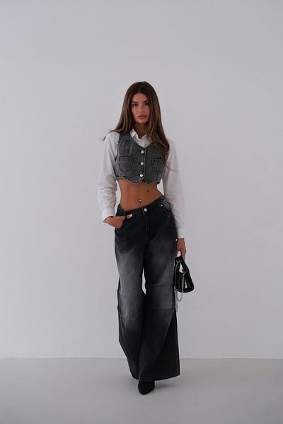 Black Fashion Gray Denim Pocket Vest