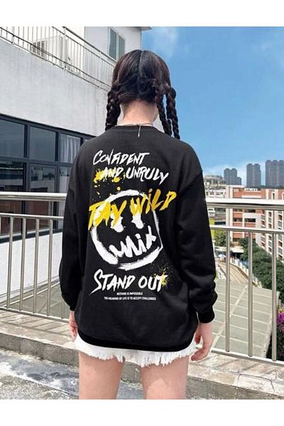 GLOWES Унисекс детски суитшърт - голям размер черен, с щампа Stay Wilp Stronot