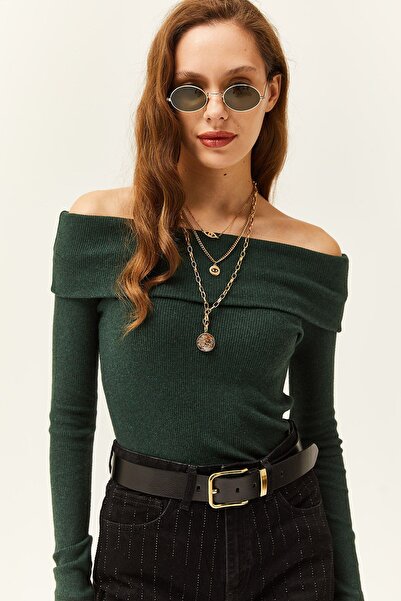 KAŞİHA Emerald Green Madonna Collar Women's Camisole Blouse - Raster