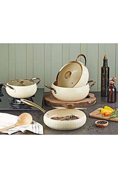 OMS ALLURE 12001 - طقم من 7 قطع من السيراميك النقي - وعاء سيراميك من الجرانيت الحيوي، جسم كريمي مع تفاصيل ذهبية