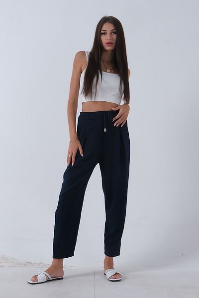 Feminist Navy Blue Linen Trousers - Elastic Waist 3970412