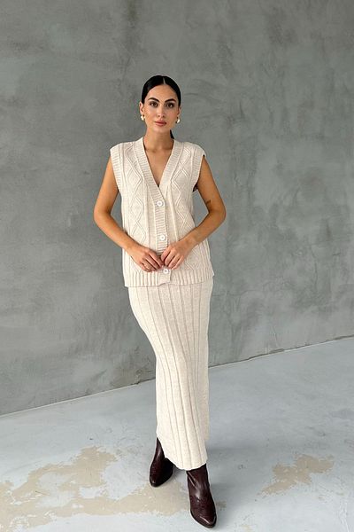 Seda Yalçın Atelier Beige Knitwear Vest and Bell Skirt Set