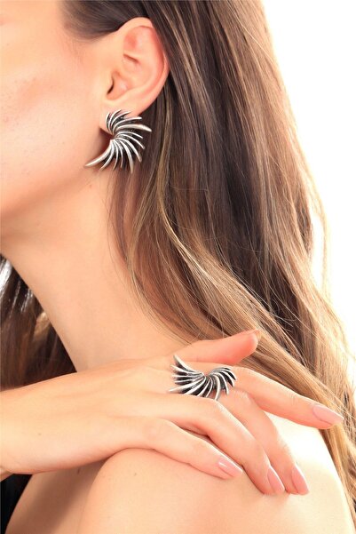 LABALABA Kadın Antik Gümüş Kaplama Ayarlanabilir Sırça Yüzük & Çivili Model Küpe Seti