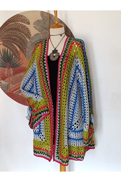 Hippybutik Mavi Yeşil Kırmızı Uzun Mandala Tığ Dokuma El Işi Tasarım Hırka