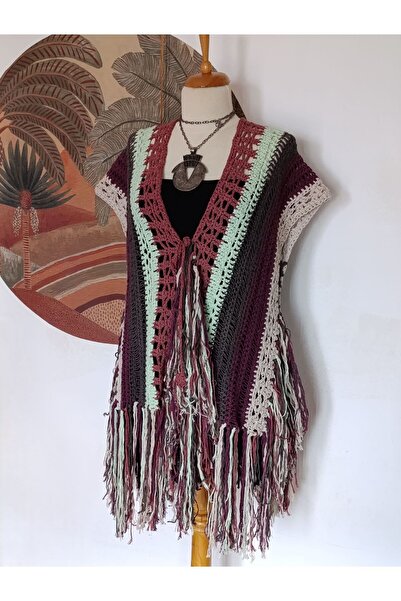 Hippybutik Çok Renkli Etnik Tasarım Püsküllü Tığ Işi Panço