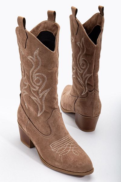 Tonny Black Γυναικείες μπότες Western Long Cowboy με κεντημένη σόλα Mink Suede Thermo