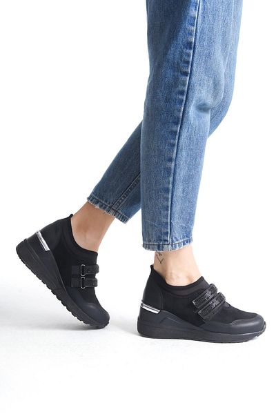Modabuymus Stonestar Black Stone Velcro Sneaker - Pantofi sport cu toc pană