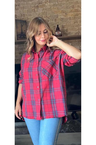 Cardella Red Plaid Oversize Premium Shirt - 100% Cotton, Ripped Skirt
