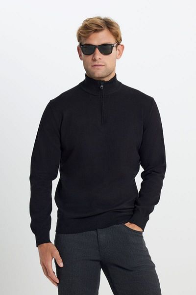 ALTINYILDIZ CLASSICS Pulover negru din tricotaje - bumbac, calduros, guler Bato, potrivire standard